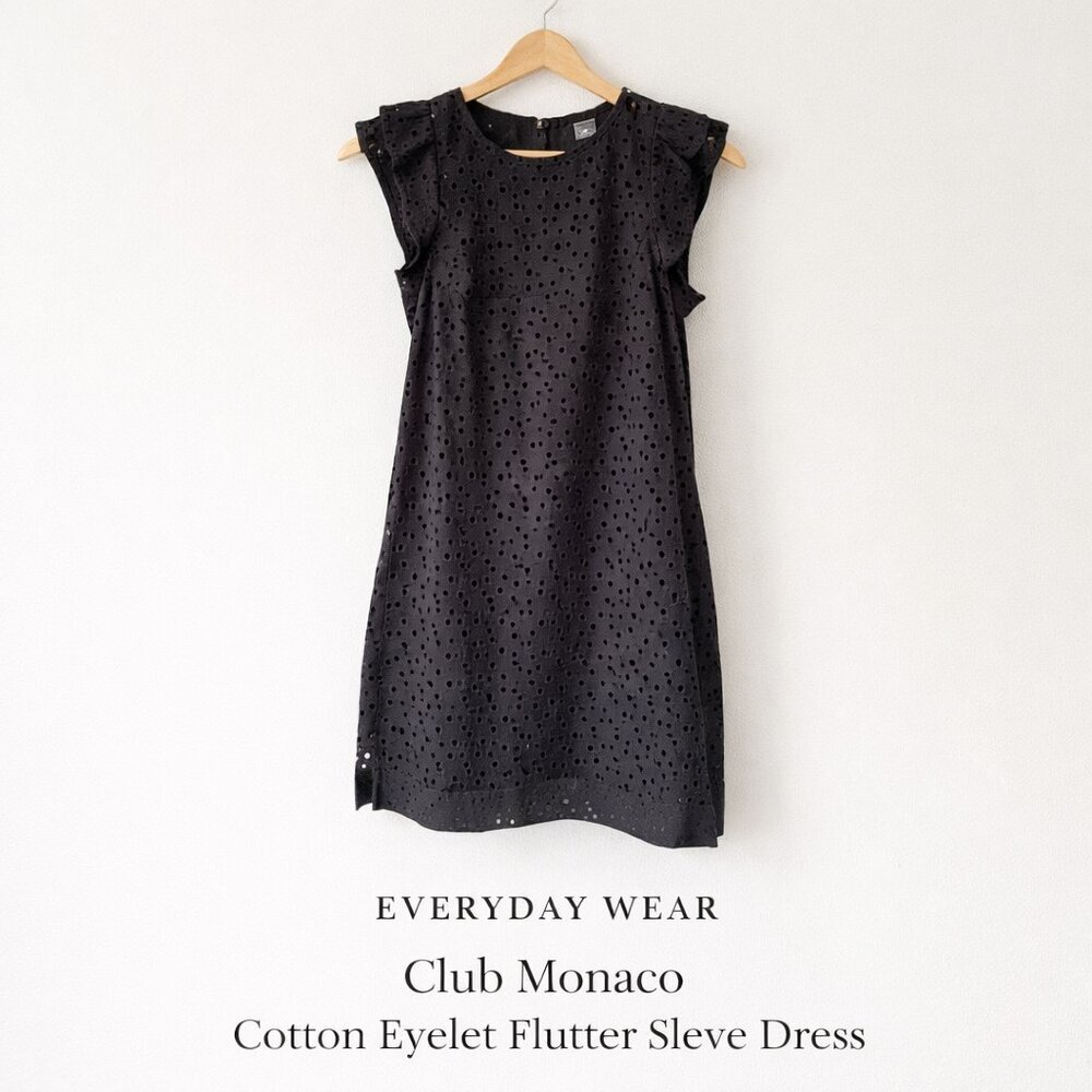 Club Monaco Black Cotton Eyelet Flutter Sleeve Dress Size 0 No Slip
